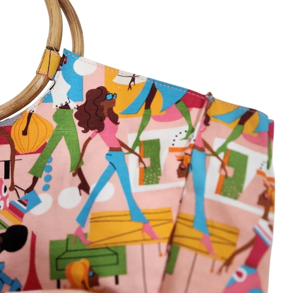 NEIMAN‎ MARCUS Tote Bag Womens Large Pink Canvas Bamboo Handle Cartoon People